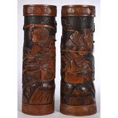 LARGE PAIR OF WOODEN SCROLL VASES depicting...