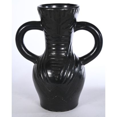 ACCOLAY. VASE with handles in black ceramic...
