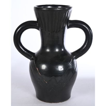 ACCOLAY. VASE with handles in black ceramic...