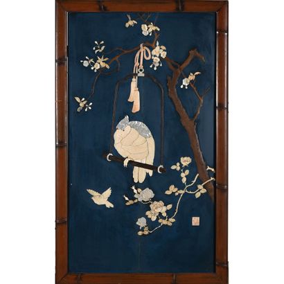 JAPANESE lacquer and hardstone PANEL depicting...