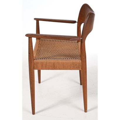 Teak office chair with woven rope seat. Rounded...