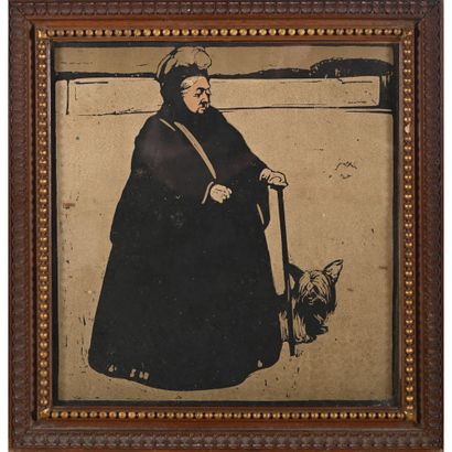 Woodcut of Queen Victoria walking her dog...