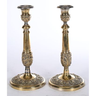 PAIR OF LARGE RESTAURATION CANDLES in gilt...