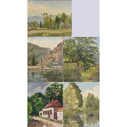 DOUET Pierre. Ensemble de 5 huiles sur isorel...