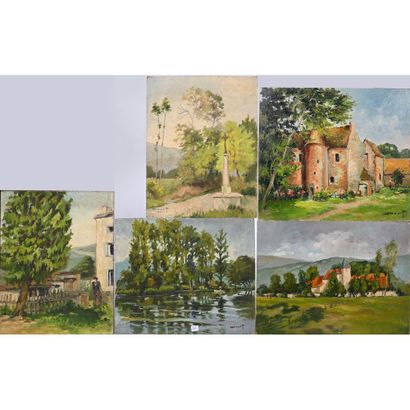 DOUET Pierre. Ensemble de 5 tableaux représentant...
