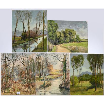 DOUET Pierre. Suite de 5 tableaux sur isorel...