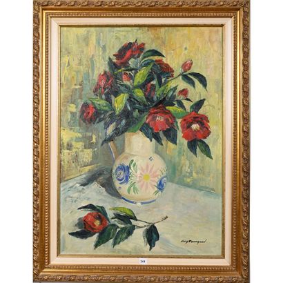 PENNAMEN Guy. «Vase de caméliassur un entablement....