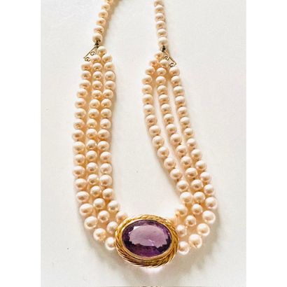 COLLIER 3 rangs de perles de culture (6,5mm)...