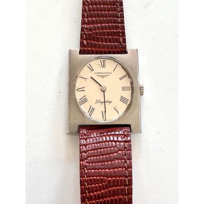 LONGINES. Rectangular steel watch with oval...