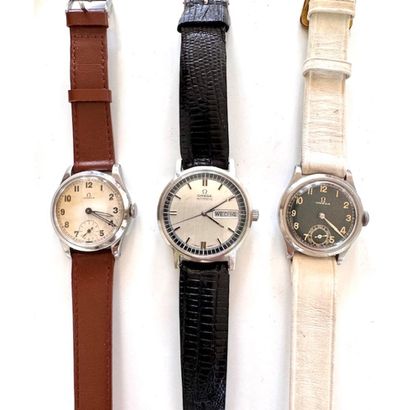 OMEGA. 3 steel watches, the 1st, round case,...