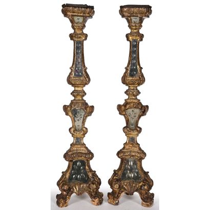 PAIR OF PIQUE-CIERGES in wood, gilded stucco...