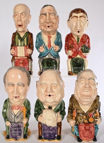 SET OF 6 POTS in barbotine representing politicians...