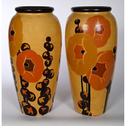 VALLAURIS. LARGE PAIR OF PAINTED CERAMIC...