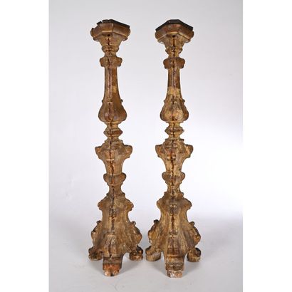PAIR OF PIQUE-CIERGES in wood, gilded stucco...