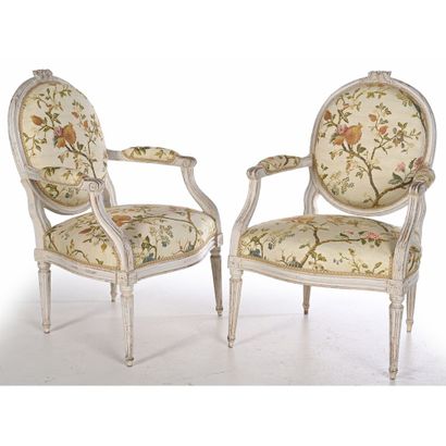 Pair of LOUIS XVI flat-back medallion armchairs...