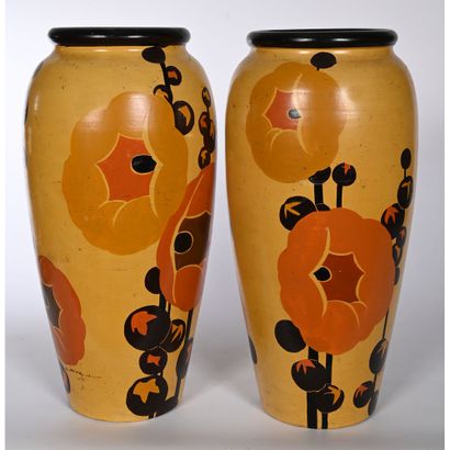 VALLAURIS. LARGE PAIR OF PAINTED CERAMIC...