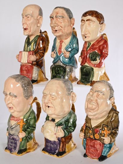 SET OF 6 POTS in barbotine representing politicians...