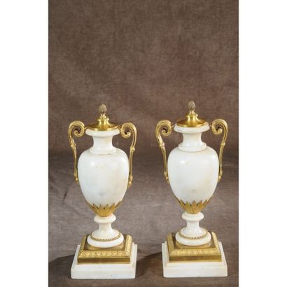 PAIRE DE VASES LOUIS XVI en marbre blanc...