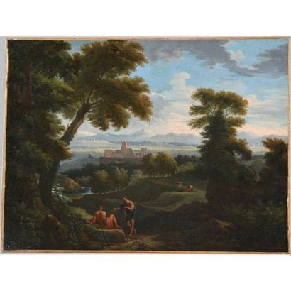 ÉCOLE ROMAINE vers 1700. « Scène animée dans...