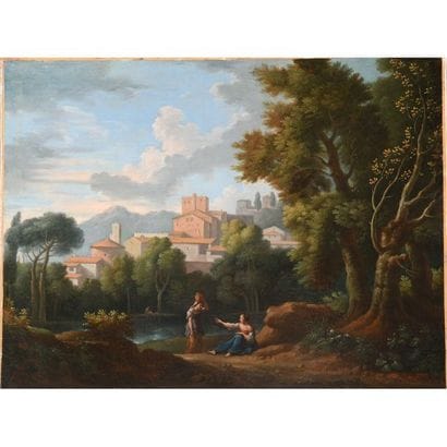 ÉCOLE ROMAINE vers 1700. « Scène animée dans...