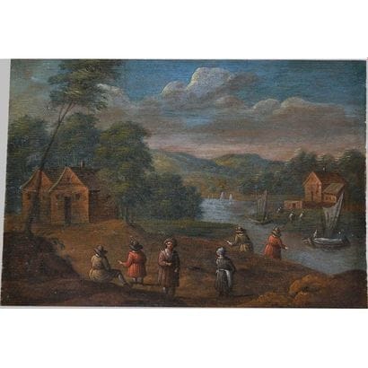 ÉCOLE FLAMANDE du XVIIIè. « Paysage lacustre...
