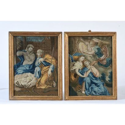 PAIRE DE SCENES RELIGIEUSES en tapisserie...
