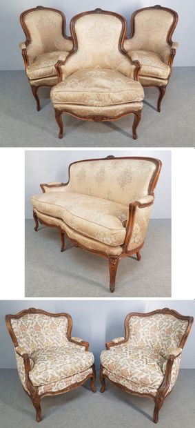 SALON de style Louis XV à tissu teinte ivoire...