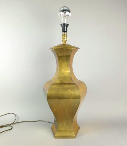 A brass baluster lamp with hexagonal sides,...