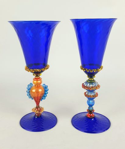 MURANO - TWO GLASSES in blue blown glass,...