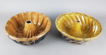 TWO LARGE glazed terracotta kugelhopf moulds,...