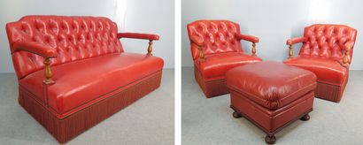 Red leather living room with fringed edges...