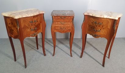 THREE Louis XV style curved rosewood veneered...