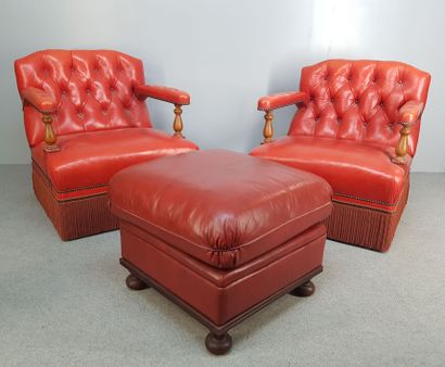 Red leather living room with fringed edges...