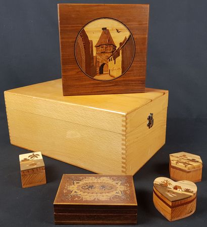 SIX wooden boxes with different decorations,...