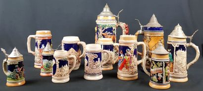 LOT of earthenware mugs decorated with scenes...