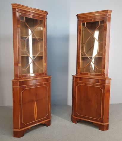 Pair of fruitwood veneered corner windows,...
