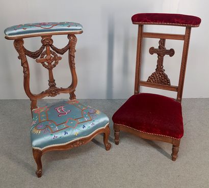 TWO WOODEN PRAYER CHAIRS with carved decoration...
