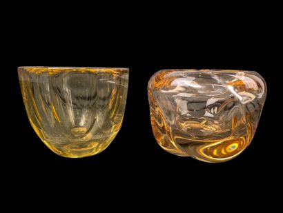 DAUM Nancy France 
Two vases in thick yellow-tinted...
