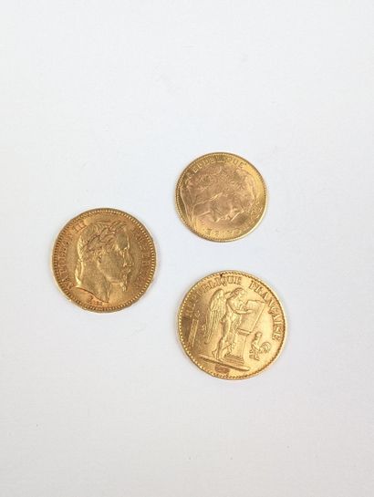 TROIS PIÈCES en or :
- Une pièce de 20 francs...