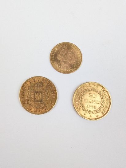 TROIS PIÈCES en or :
- Une pièce de 20 francs...