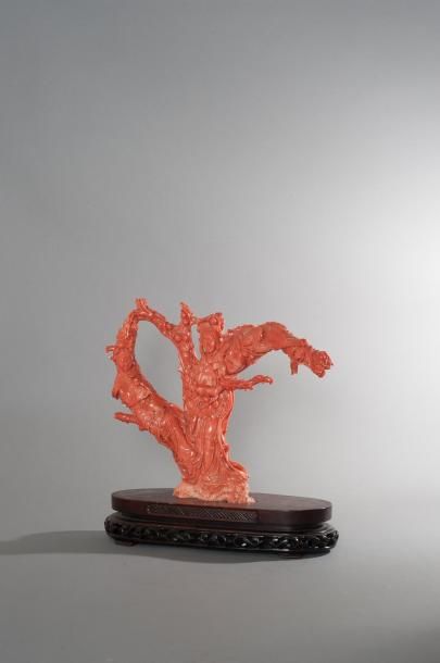 CHINE
Important sujet en corail rouge figurant...