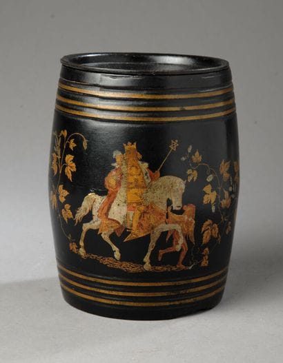 A black barrel-shaped pot with colorful and...