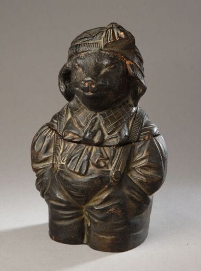 Rare tobacco jar depicting a cheerful young...