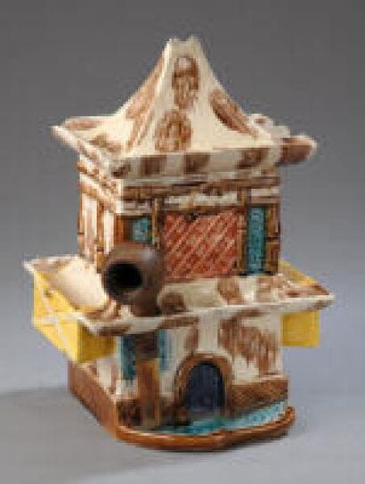 A rectangular pot depicting a pagoda-style...
