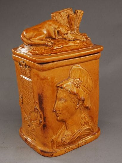 Large rectangular tobacco jar, made of red...