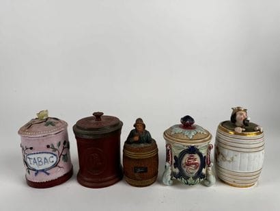 Set of five decorative tobacco jars made...
