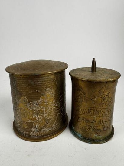 Two engraved brass pots, handcrafted in the...