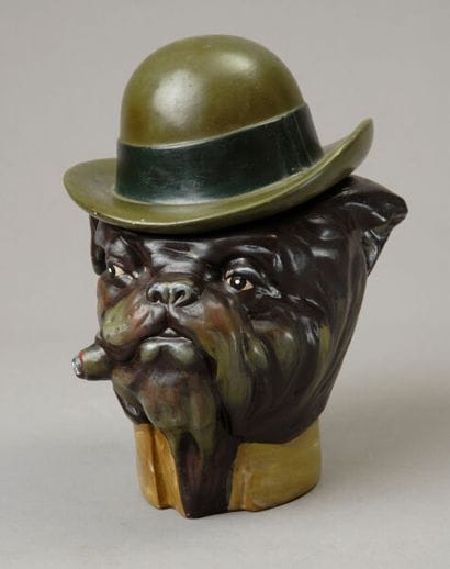 Tobacco jar. Large bulldog head with a stern...