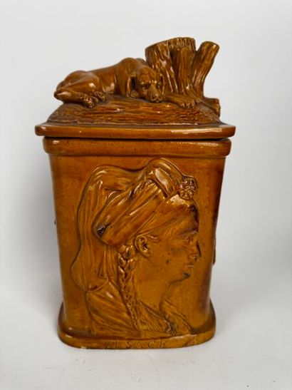 Large rectangular tobacco jar, made of red...