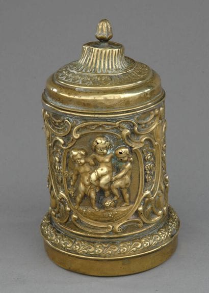 Tobacco jar
Embossed copper, late 19th century
A...